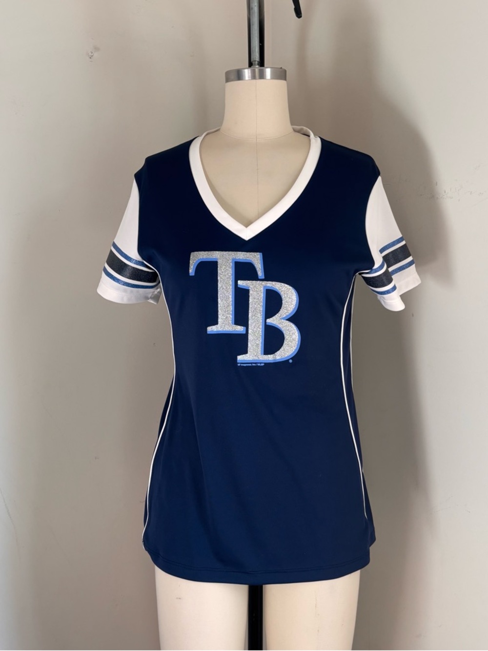 Women's Navy V-Neck Glitter TB Logo Short Sleeve Tee
